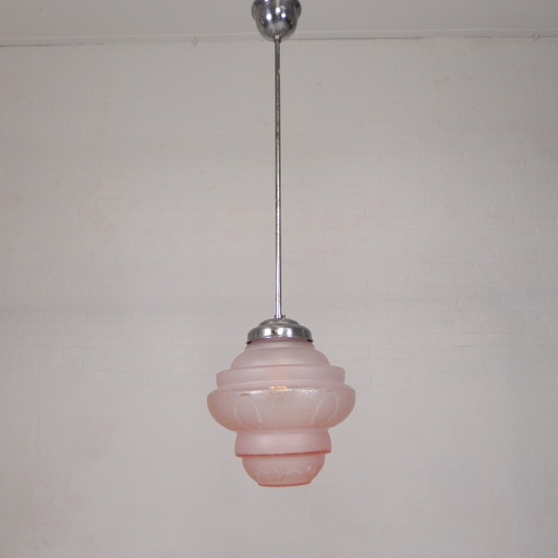 Lámpara colgante Art Déco con pantalla de cristal rosa, década de 1930