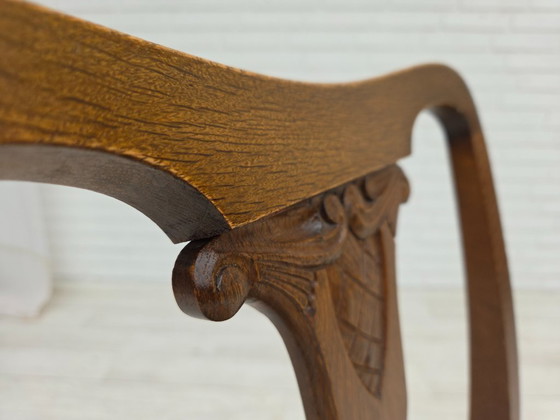 Image 1 of 1930s, set of 6 Danish vintage chairs, furniture velour, oak wood, reupholstered.