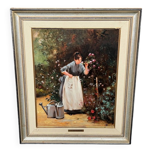 Schilderij "Meisje met bloemen". – schilderijen tekeningen, Canvas