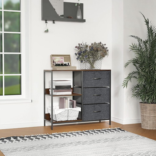 HOMCOM Commode Meuble de Rangement avec 3 tiroirs en Tissu Amovibles, 2 étagères et 1 Grand Plateau - 80 x 29 x 71 cm - Marron