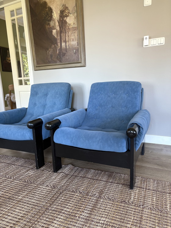 Image 1 of Vintage korenblauw set fauteuils jaren70 design