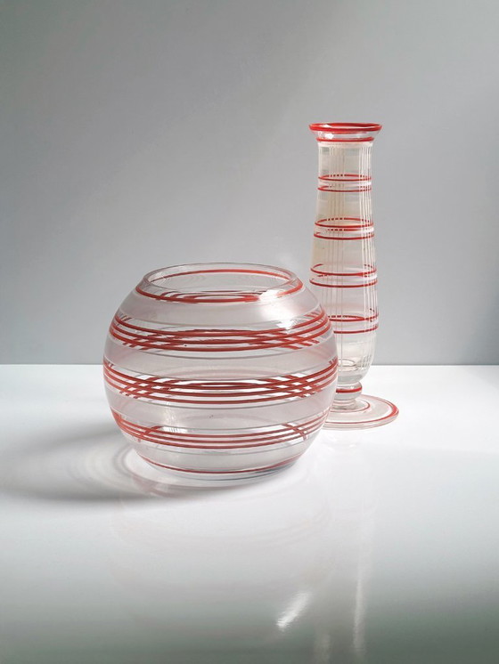 Image 1 of Vintage Bauhaus vase set glass stripes decor 20s 30s Art Deco vase hand-painted red orange white Lausitzer Loetz 1920s / 1930s