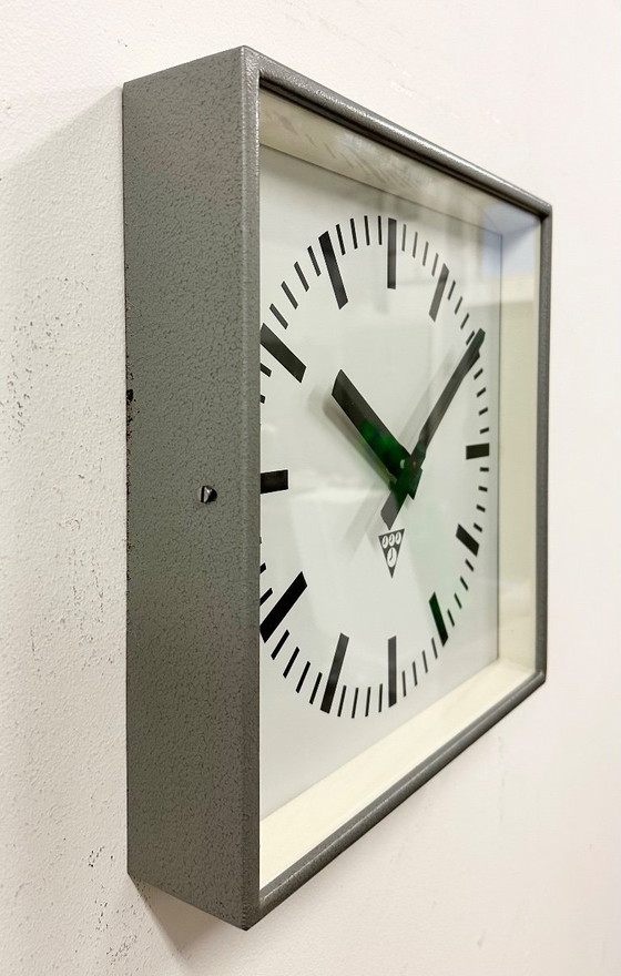 Image 1 of Grey Industrial Square Wall Clock from Pragotron, 1970s