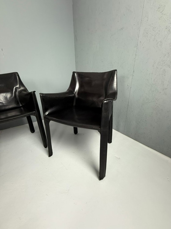 Image 1 of Set di sei sedie da pranzo Mario Bellini CAB 413, in pelle nera, 1977