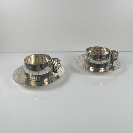 Pair of Art Deco silver-plated cups and saucers, Corbière & Vuillermoz (attributed), France, circa 1920/30.