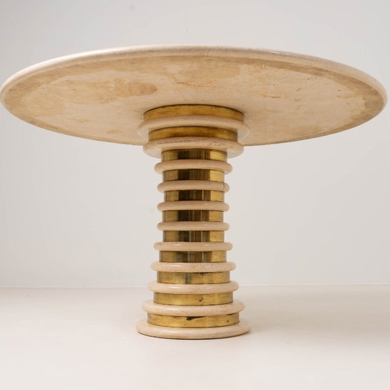 Image 1 of Travertine and Brass Pedestal Dinning Table Marzio Cecchi 