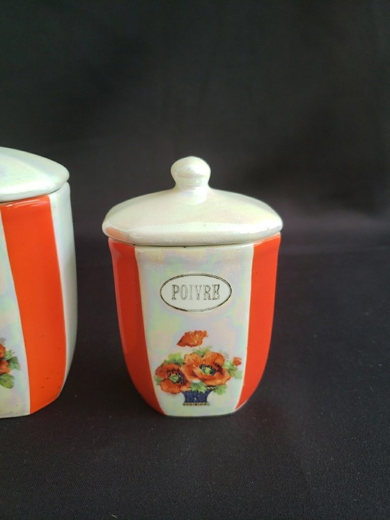 Set of 5 Vintage 1950s Kitchen Spice Jars, Kitchen accessories, Ceramic, Multi Color (photo 4 of 8)