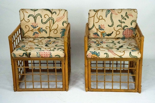 Pareja de sillones vintage de ratán y bambú de Vivai del Sud. Italia, década de 1960.