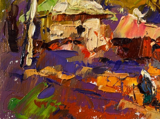 Image 1 of Original Oil Painting Autumn Village Landscape Warm evening sun sets over the horizon