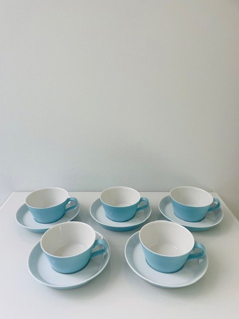 Set of 5 Vintage Arzberg TRIC Cups and Saucers - Light Blue Porcelain