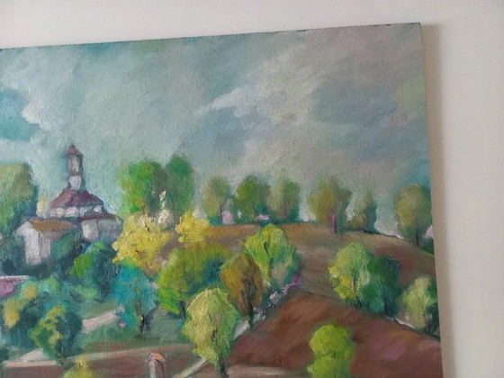 Image 1 of CARLES COMPTE | Hügellandschaft mit Kapelle | ORIGINAL Ölgemälde auf Holzplatte