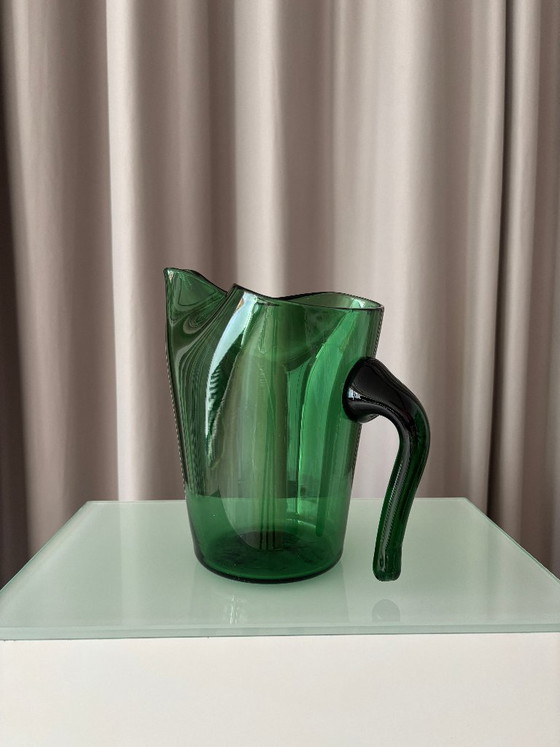 Vintage Emerald Green Art Glass Pitcher, Sculptural Organic Design, Glass & Decanter, Organic Modern (photo 3 of 11)