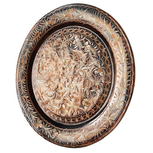 Assiette décorative turque vintage en cuivre gravé, motif floral d'Istanbul, style oriental, années 1970