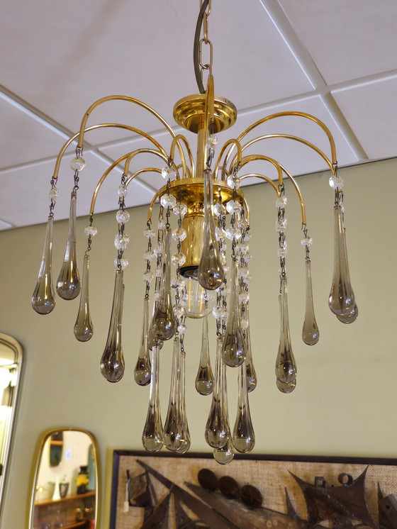 Image 1 of Lampadario a goccia vintage di Murano Lampada a sospensione in ottone fumé