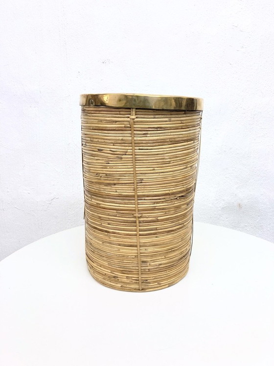 Image 1 of Italian umbrella stand/paper basket rattan brass Gabriella Crespi style