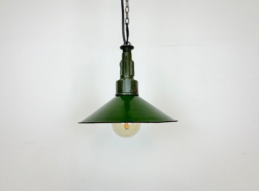 Industrial Green Enamel Military Pendant Lamp with Cast Aluminium Top, 1960s