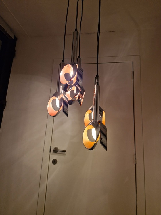 Massive Space Age cascade pendant lamp, chrome and orange, 5 light points, Metal, Silver (photo 15 of 15)