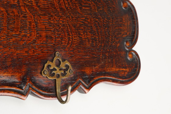 Image 1 of Art Nouveau Style Coat Rack in Oak with Brass Hooks, France ca. 1915