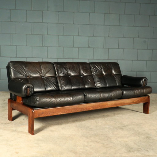 Divano in pelle nera di metà secolo – struttura in legno – anni '60