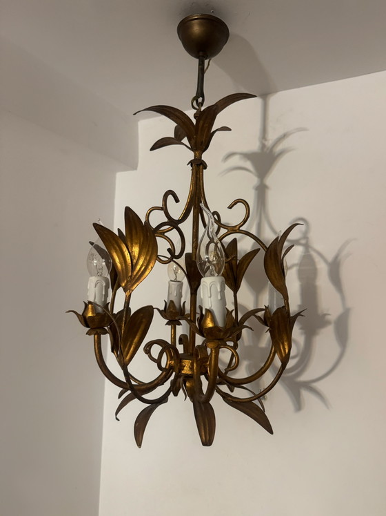 Image 1 of Gouden kroonluchter met palmbladmotief uit de jaren 70