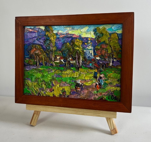 Original Oil Painting Summer Village Landscape Morning ringing of church bells