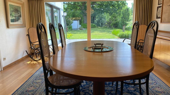 Unique THONET XL set: 10x vintage Thonet 'Long John' chairs + optional extendable dining table (photo 4 of 13)