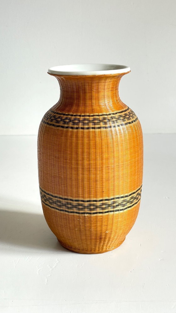 Image 1 of Vintage Woven Bamboo and Fine Porcelain Vase