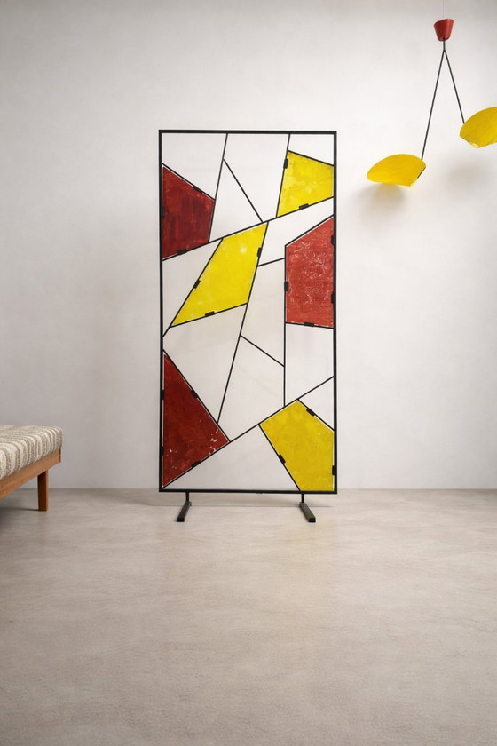 Image 1 of Mid-Century Modern Geometric Room Divider with Textured Colored Glass, 1970s–1980s