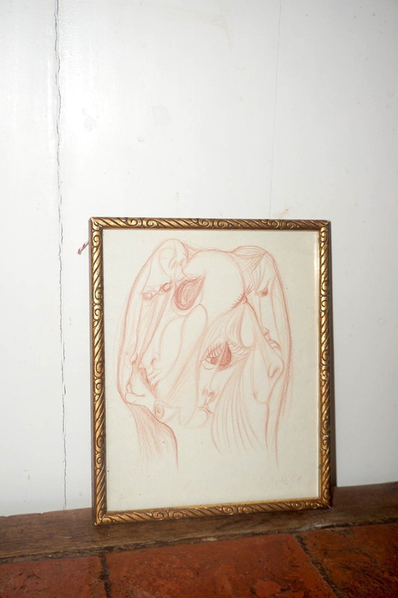 Image 1 of mid century surrealist drawing * psychedelic portrait sketch * framed modernist figure study * 1960s surreal art