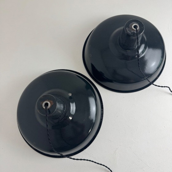 Image 1 of PAIR OF ANTIQUE ENAMELED INDUSTRIAL WORKSHOP PENDANTS