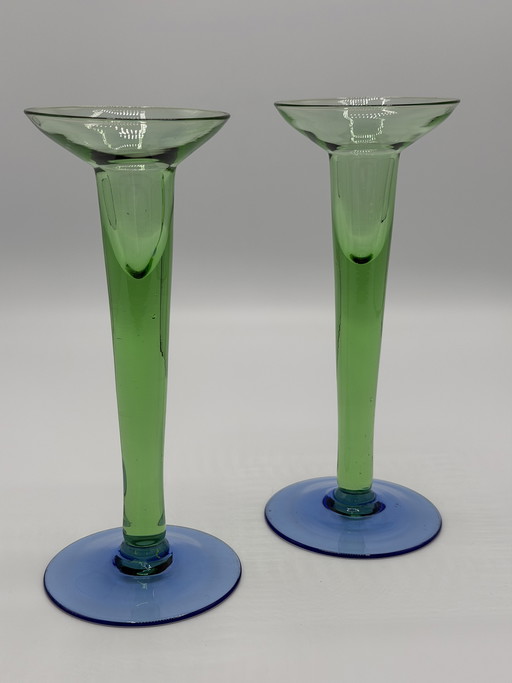 Holmegaard vintage set of designer glass candlesticks – green/blue