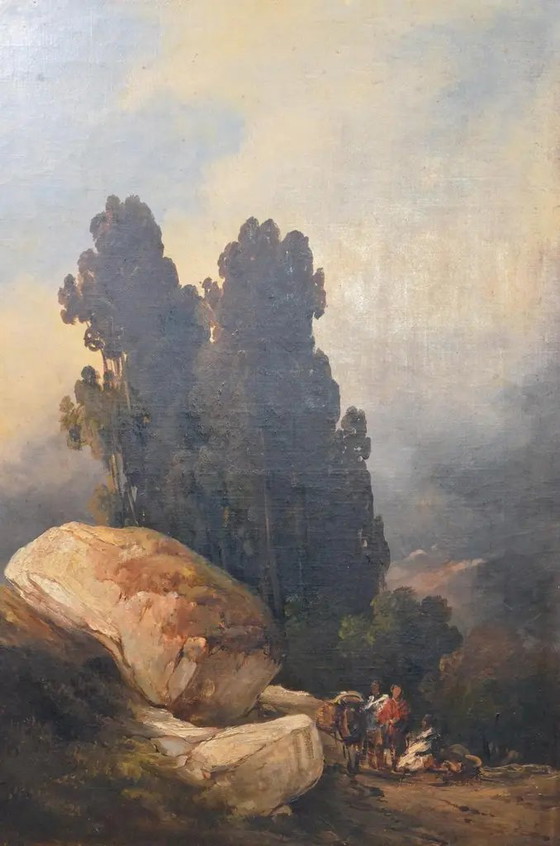 Antique Romantic Landscape Oil Painting With Figures and Rocky Scenery – Paintings & Drawings, Wood, Canvas (photo 3 of 11)