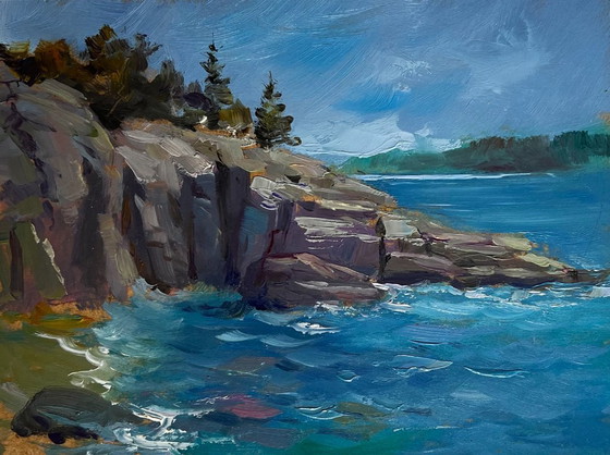 Image 1 of Peinture à l'huile originale, paysage rocheux d'été, journée nuageuse en mer