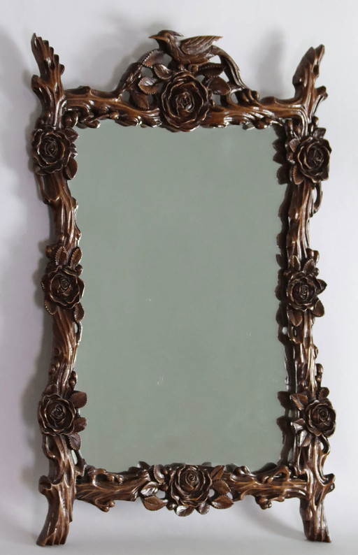 Miroir chinois en forme de fleurs et de branches sculptées