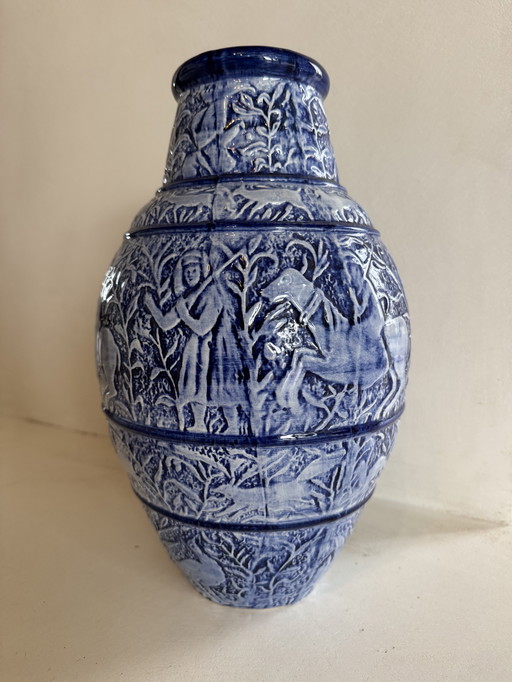 Grand vase bleu grès de sel années 60