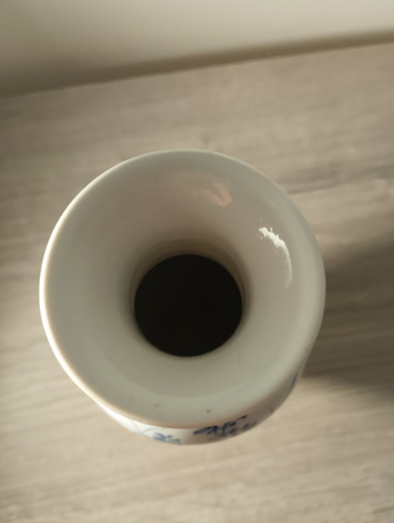 Image 1 of Antique small blue and white Chinese porcelain vase with floral decoration and monogram