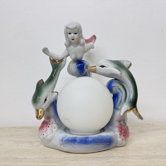 Image 1 of Vintage keramieken tafellamp met zeemeermin en dolfijnen, jaren 1980