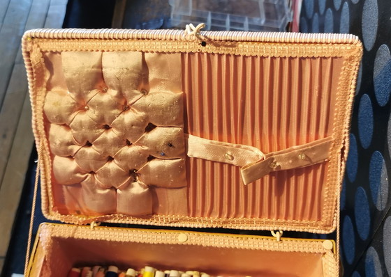 Image 1 of Lovely Vintage Wicker Sewing Basket With Contents (W33cm/H17cm/D23cm)