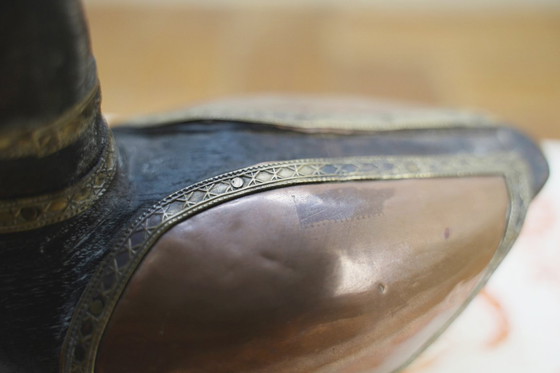 Image 1 of Hand-Carved Wood Duck Figurine with Brass Copper Inlay, Nepalese Tibetan Folk Art
