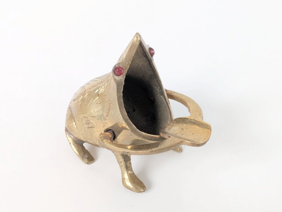 Image 1 of Midentury Vintage Brass Frog Figurine Trinket, Sculptural Quirky with Ruby Red Crystal Eyes