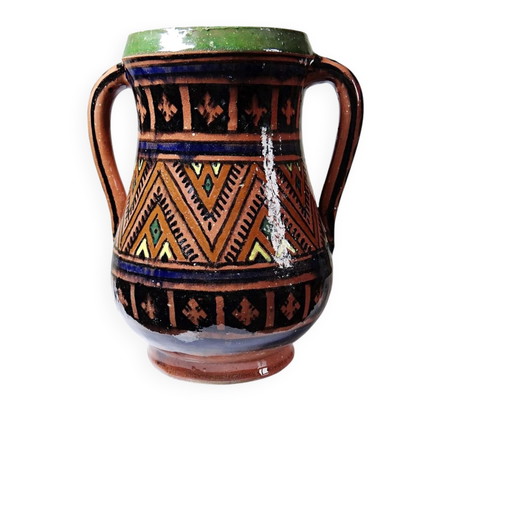 Jarrón marroquí grande de Safi, terracota policromada con dos asas, de los años 50 a los 70.
