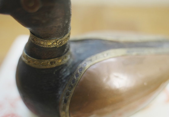 Image 1 of Hand-Carved Wood Duck Figurine with Brass Copper Inlay, Nepalese Tibetan Folk Art