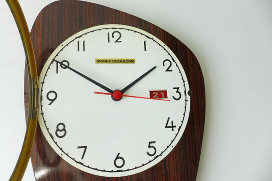 Vintage Wall Clock French Clock with Barometer 60s Retro Space Age Atomic, Morez-Besançon, Wood, Metal, Brown (photo 4 of 9)