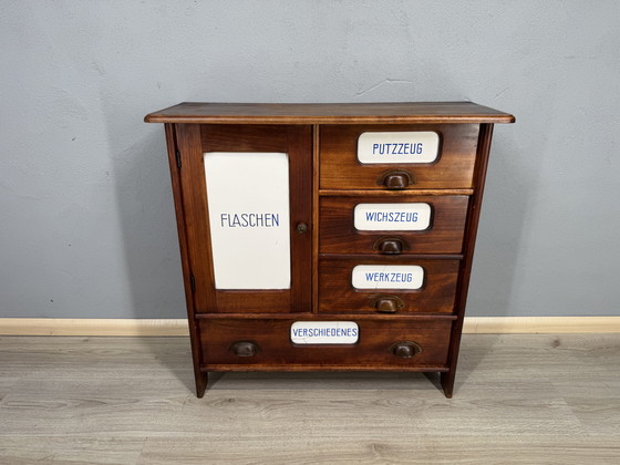 Image 1 of Antique kitchen cabinet with porcelain drawer plates | ca. 1900-1930