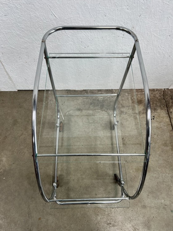 Image 1 of Vintage Chrome Art Deco Trolley with Glass Shelves, Netherlands 1930s