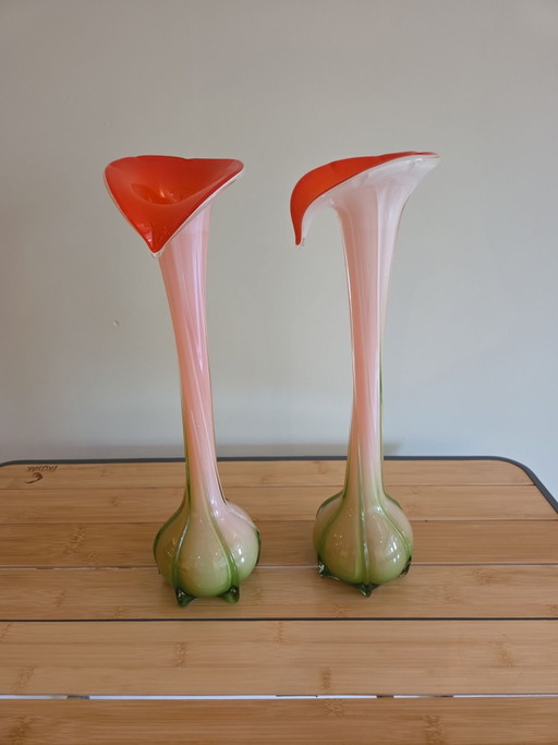 vintage 2x vases en verre d'art soufflé à la main style Murano