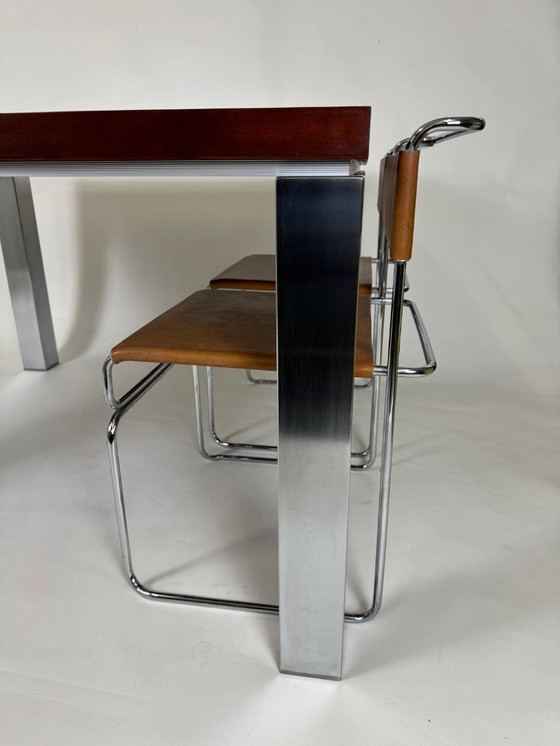 Image 1 of Dining table, chrome and mahogany, mid-century design, 1970s style