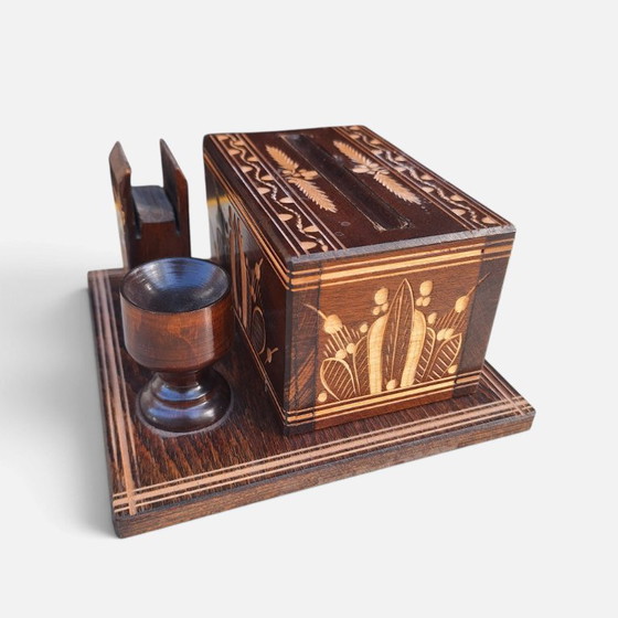 Vintage wooden cigarette holder with ashtray and match holder, Table accessories, Brown (photo 4 of 6)