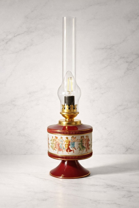 Image 1 of Florentine porcelain lamp in burgundy and gold, signed and numbered, Italy, restored.
