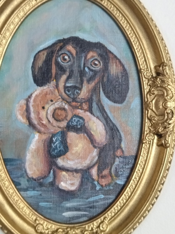 Painting: The Puppy with its Plush Toy. Cold Ceramic Frame – Paintings & Drawings, Canvas (photo 3 of 5)